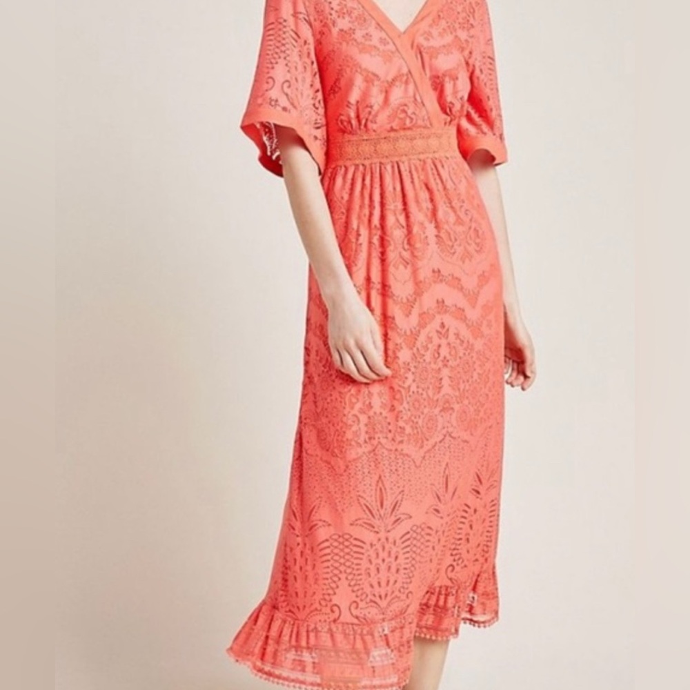 FARM Rio Vibrant Coral Cut Out, Devore, V-neck, peplum Maxi Dress - Picture 2 of 6